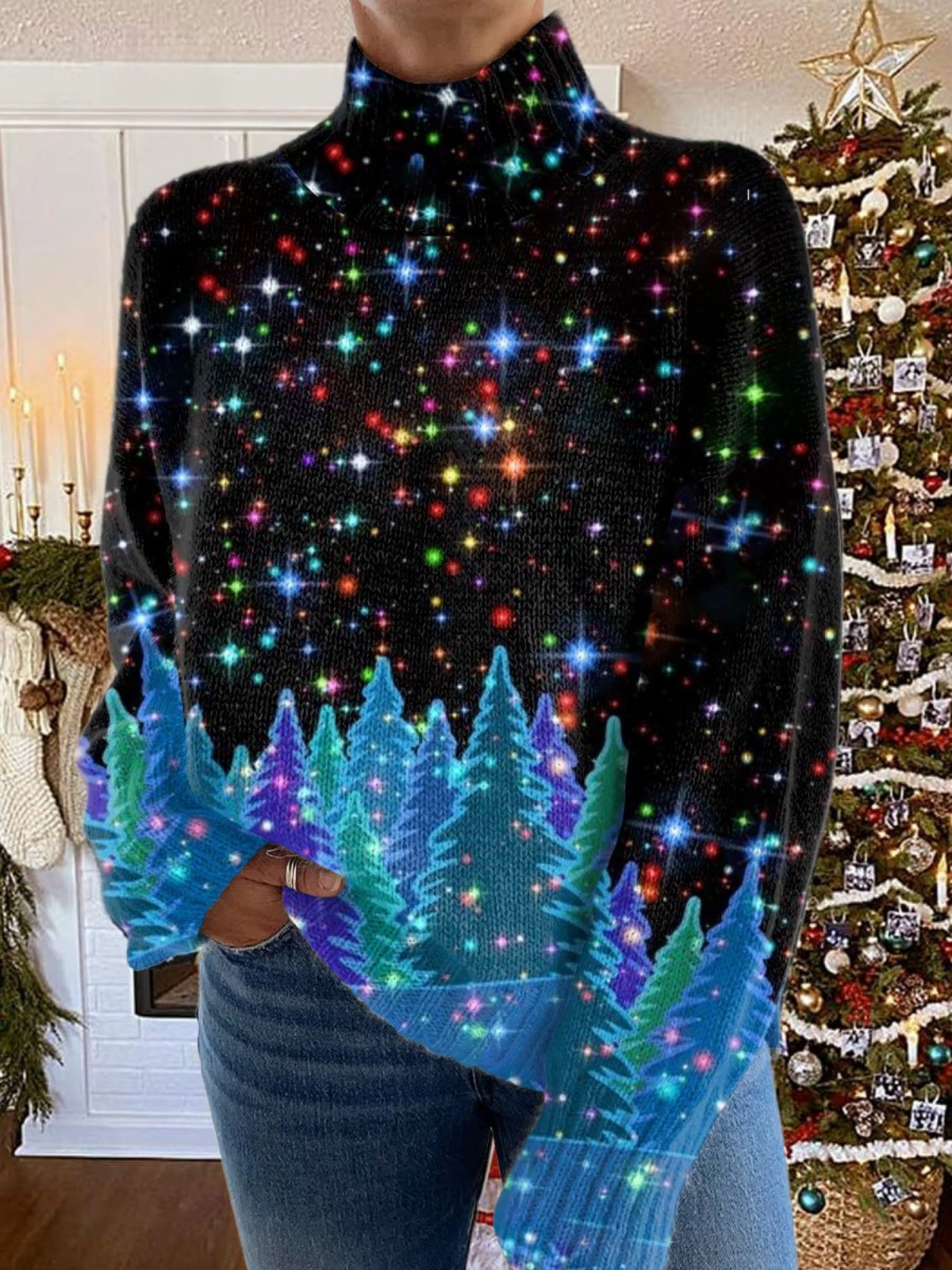 Glitter Christmas Print Knit Turtleneck Pullover Sweater