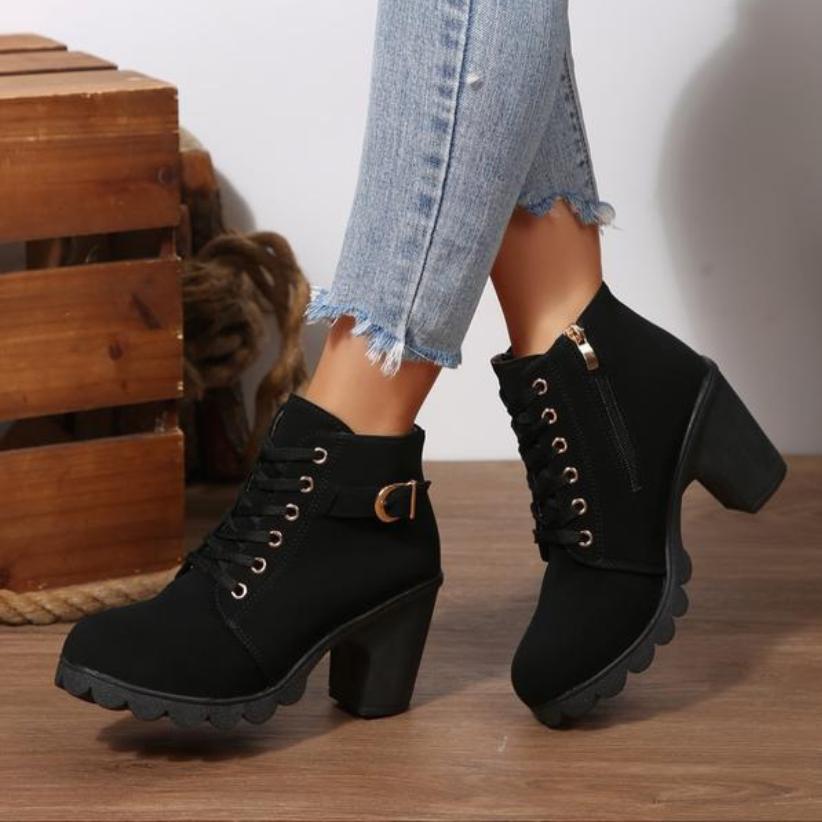Rose Katni Chic Lace Up Metal Buckle Ankle Boots